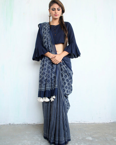 Indigo Glory Hand Block Printed Cotton Saree