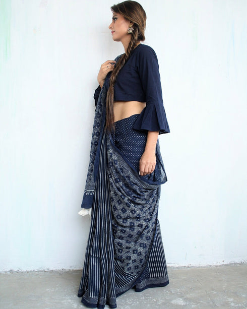 Indigo Glory Hand Block Printed Cotton Saree