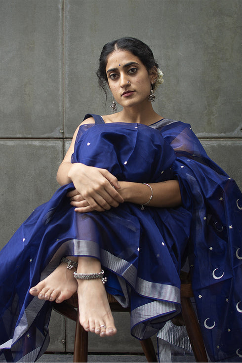 Handloom Silk Cotton Blue Chand Chanderi Saree