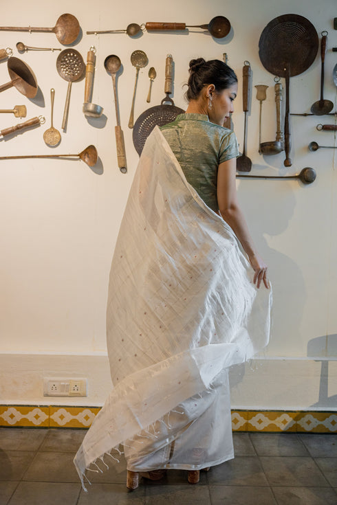 Handwoven Cotton Silk White Saree
