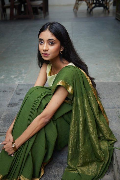 Handwoven Emerald Bengal Cotton Saree