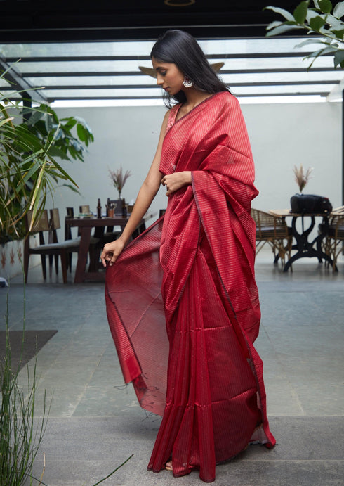 Handwoven Maroon Maheshwari Tissue Saree