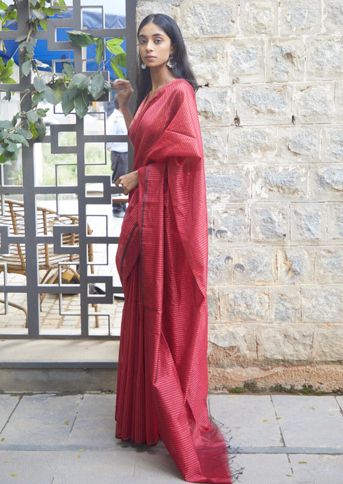 Handwoven Maroon Maheshwari Tissue Saree