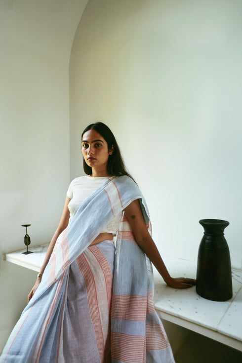 Handwoven Linen Striped Saree