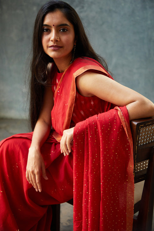 Handwoven Red Bengal Cotton Sequin Saree