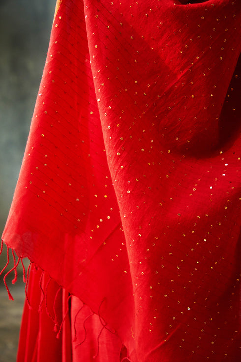 Handwoven Red Bengal Cotton Sequin Saree