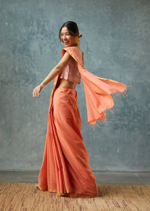 Handloom Orange Bengal Cotton Sequin Saree