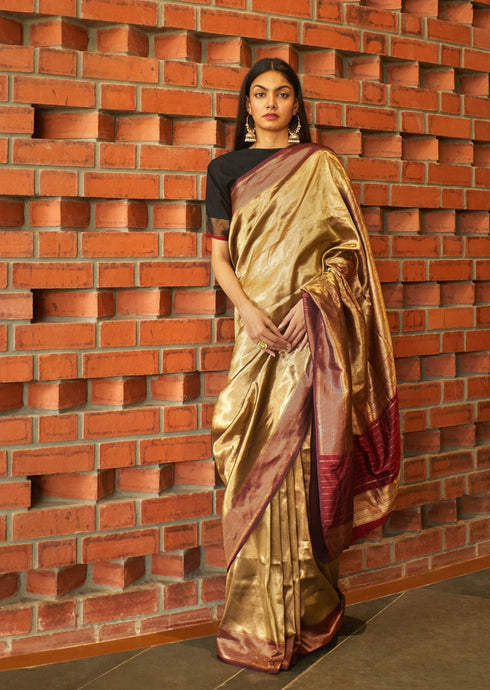 Handwoven Gold Striped Banarasi Saree