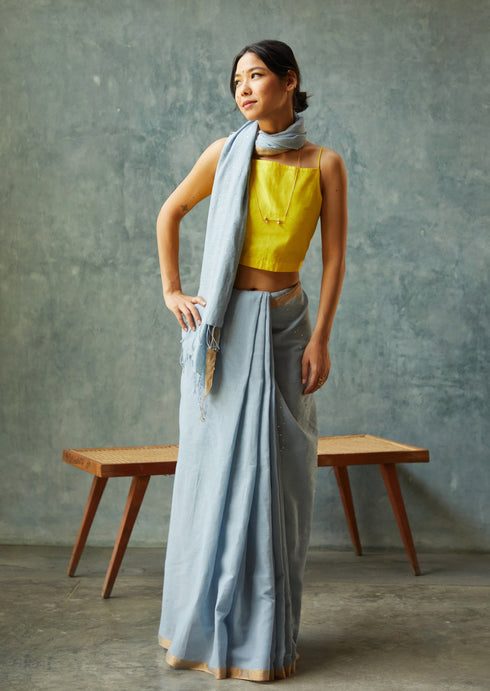 Handloom Blue Cotton Sequin Saree