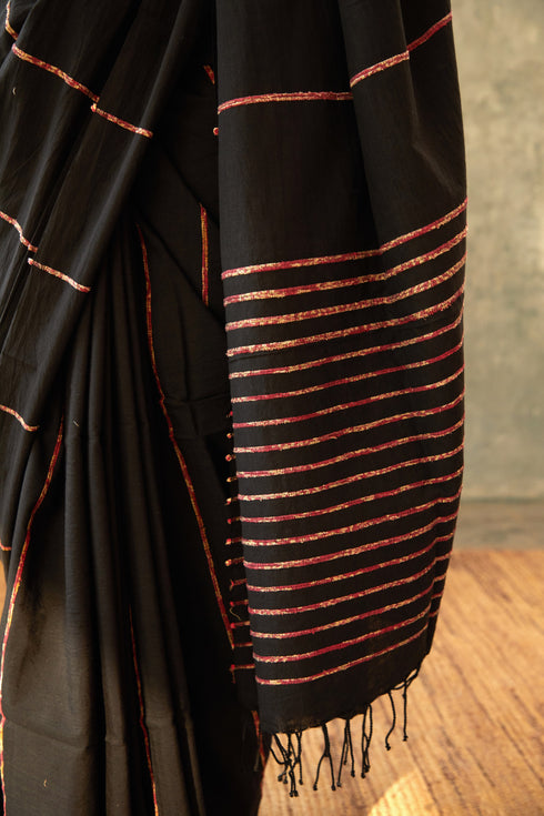 Handwoven Khesh Bengal Cotton Black Saree