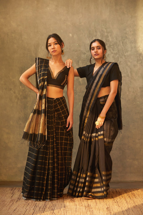Handwoven Black & Gold Maheshwari Saree
