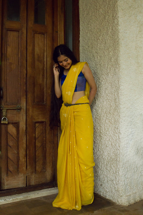 Handwoven Yellow Bengal Jamdani Saree