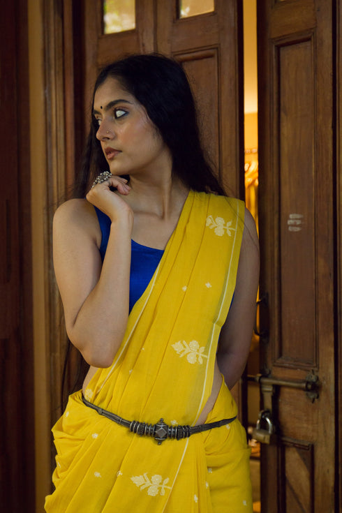 Handwoven Yellow Bengal Jamdani Saree