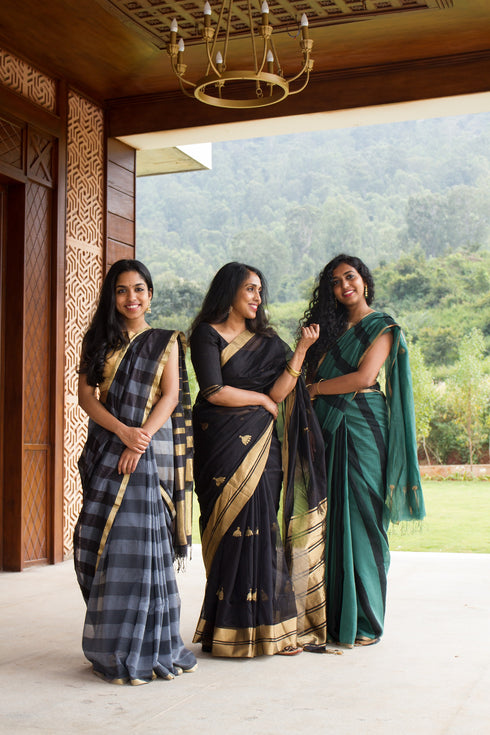 Handloom Silk Cotton Black & Grey Maheshwari Saree