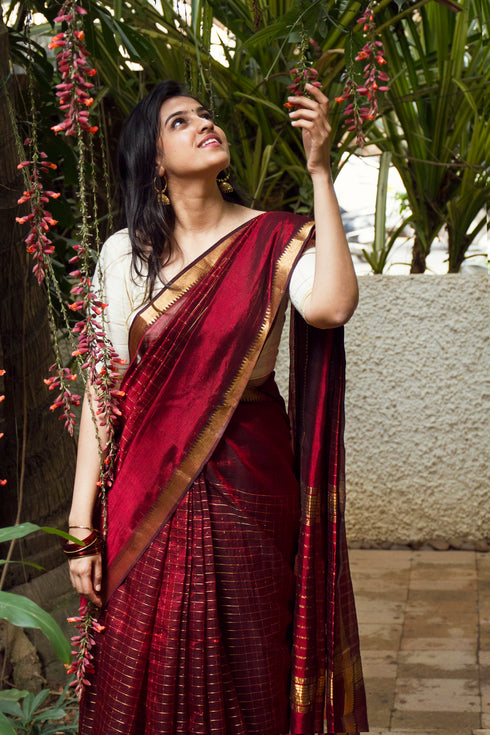 Handwoven Cotton Silk Maroon Mangalgiri Saree