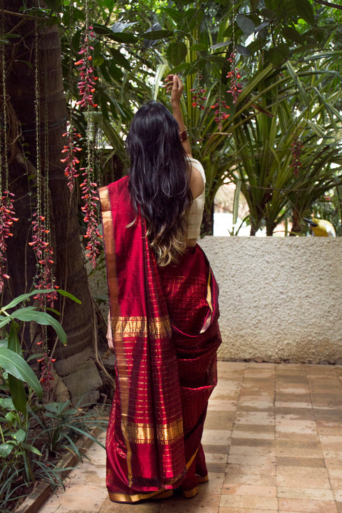 Handwoven Cotton Silk Maroon Mangalgiri Saree