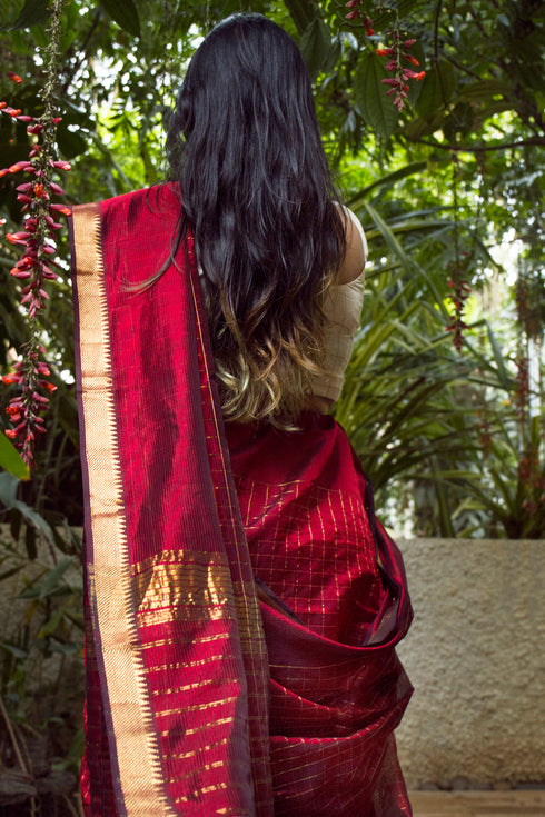 Handwoven Cotton Silk Maroon Mangalgiri Saree