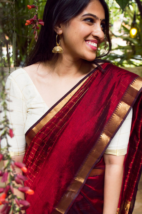 Handwoven Cotton Silk Maroon Mangalgiri Saree