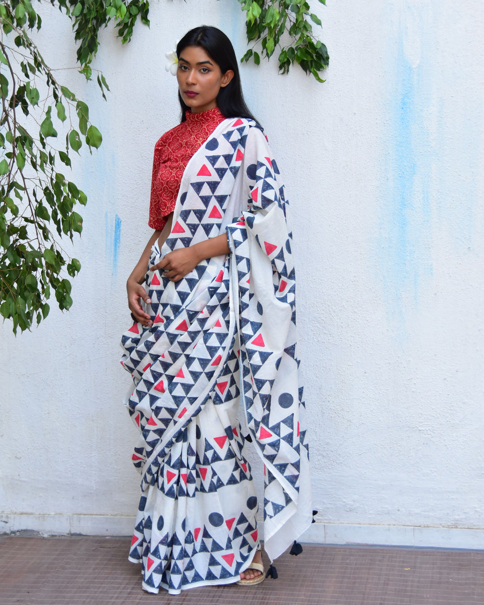 Sparkling Dew Hand Block Printed Mul Mul Cotton Saree – Go Native ...